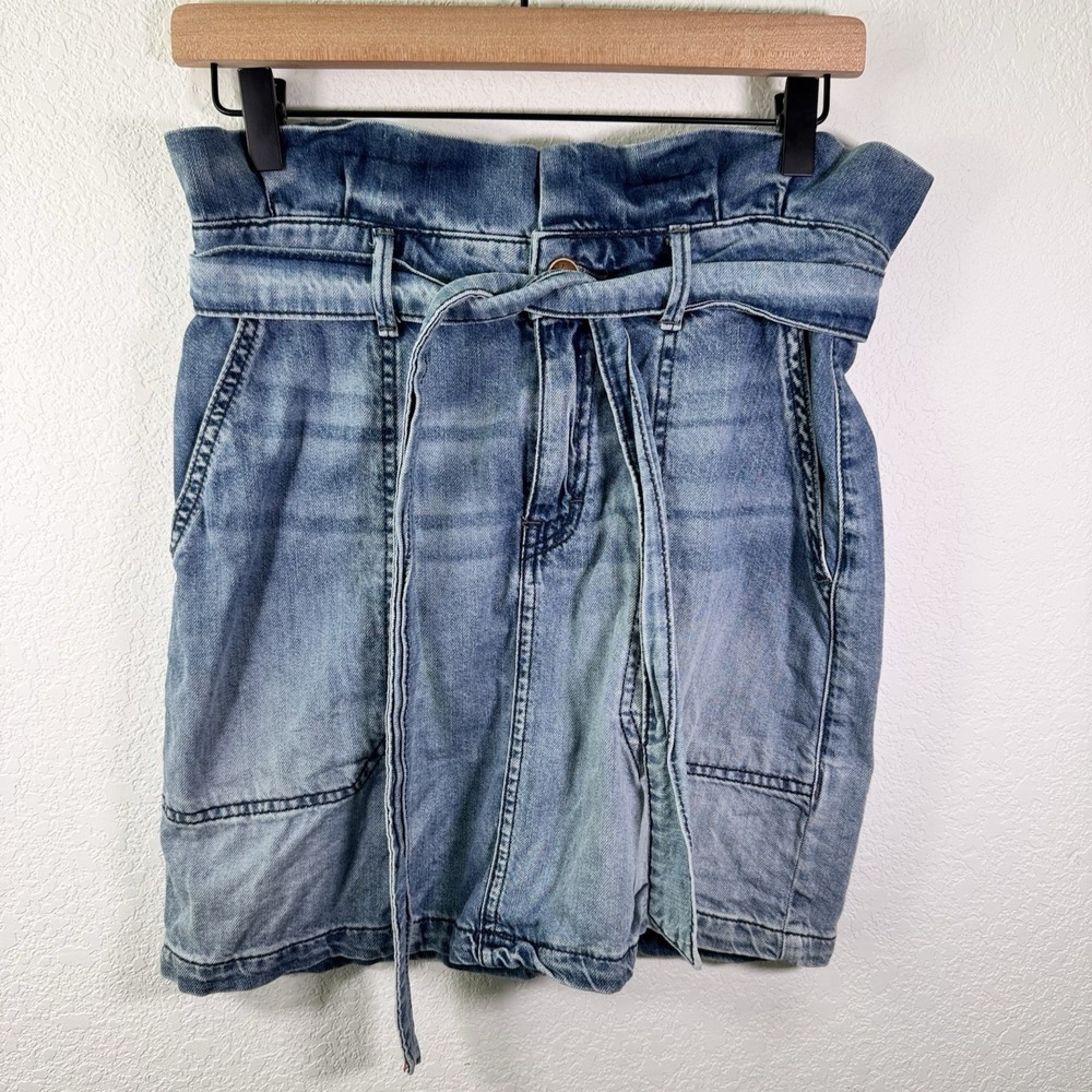 Free People Paperbag Waist Denim Skirt Blue Jean Tie‎ Belt Pockets | Size 6